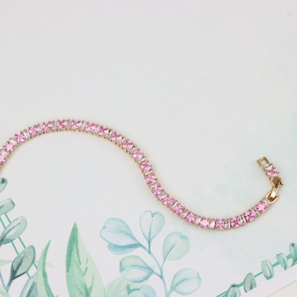 "Rose Gold Tennis Bracelet with Pink Square CZ Stones, Elegant Design, XPBL0740 - Picture 4 of 12